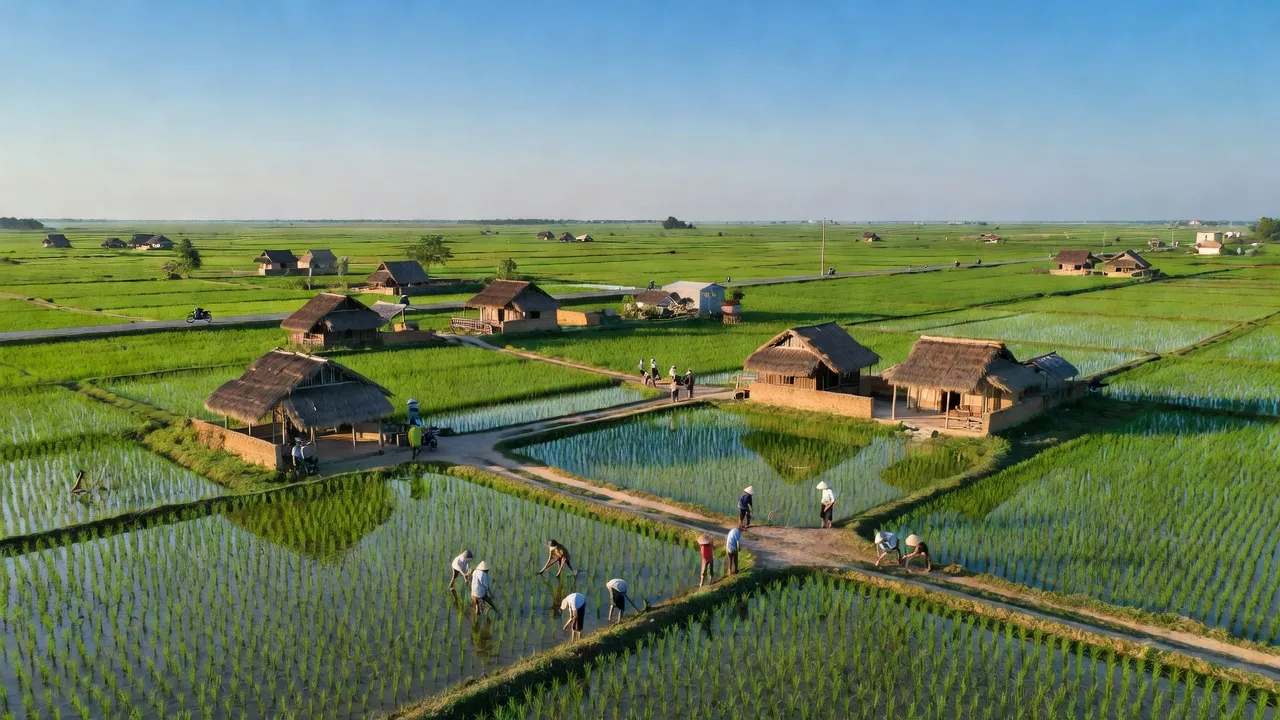 Cảnh đẹp xã Trường Thọ, huyện An Lão, Hải Phòng với cánh đồng xanh và nhà truyền thống.