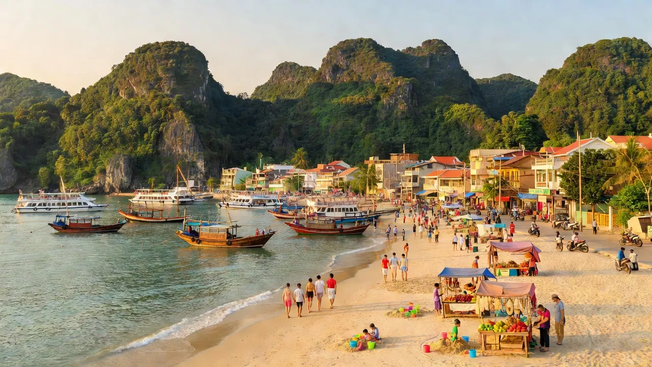 Khung cảnh thị trấn Cát Bà, Hải Phòng với bãi biển, núi non và hoạt động du lịch nhộn nhịp.