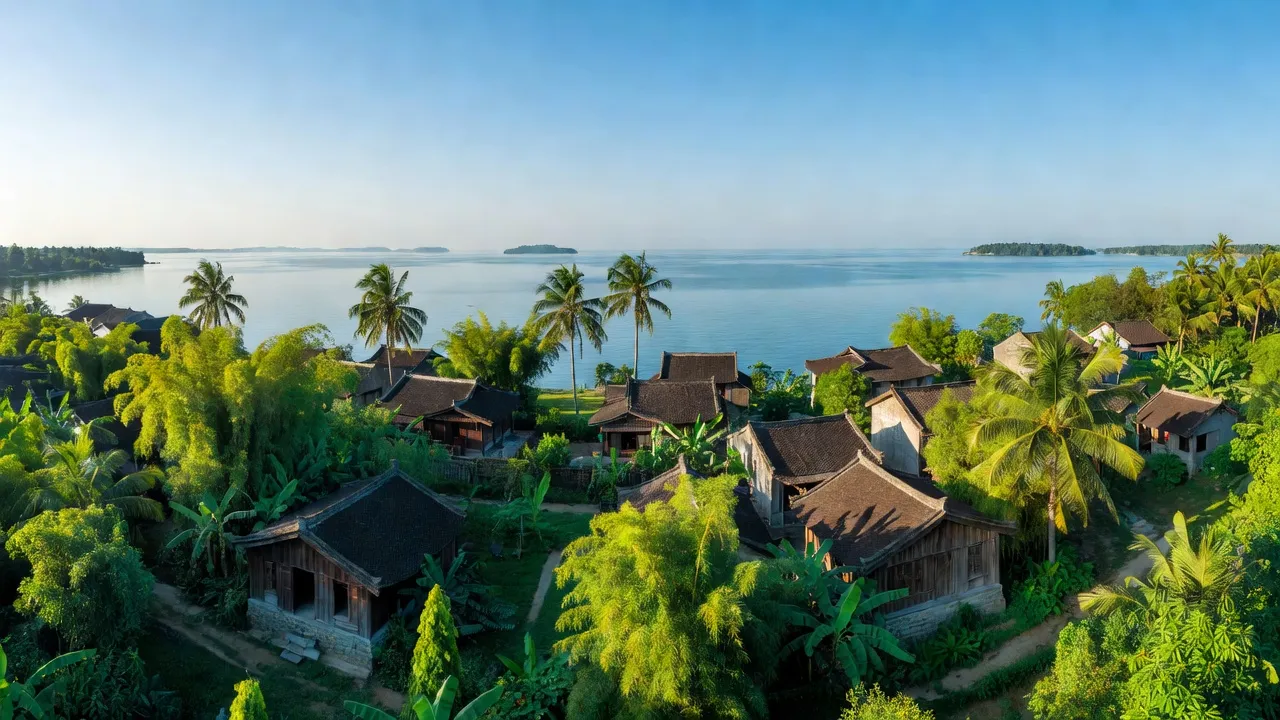 Khung cảnh yên bình xã Gia Luận, huyện Cát Hải, Hải Phòng với nhà truyền thống và vịnh Lan Hạ.