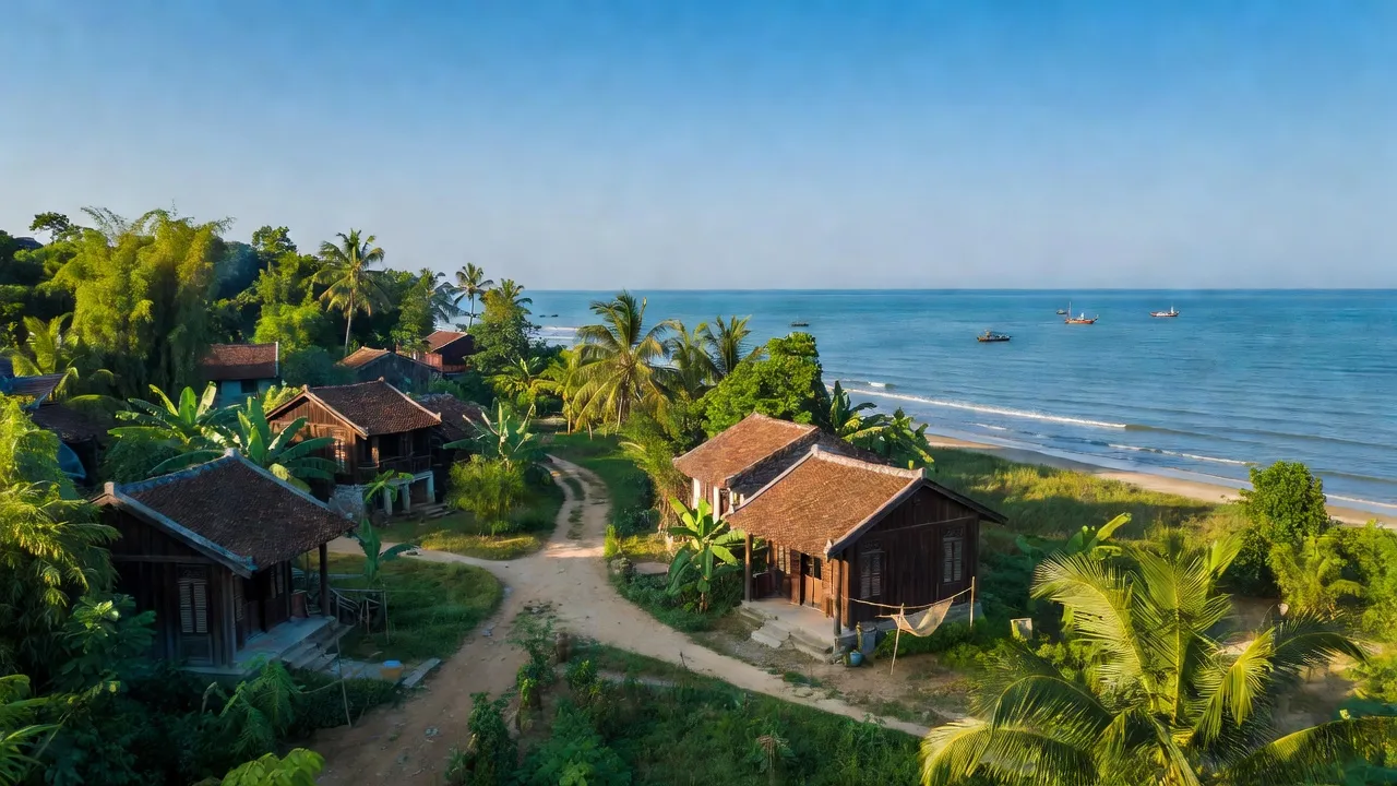 Cảnh đẹp Xã Hiền Hào, huyện Cát Hải, Hải Phòng với cây xanh, nhà truyền thống và bờ biển.