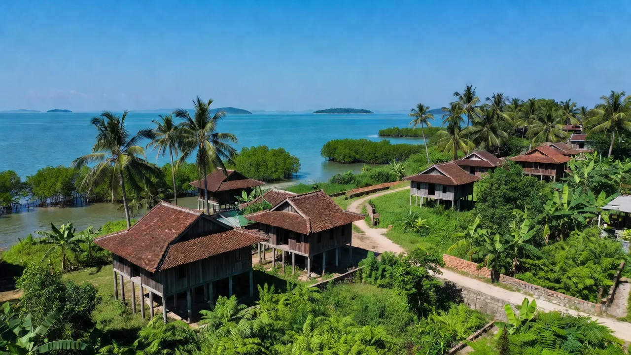 Cảnh biển xã Hoàng Châu, huyện Cát Hải, thành phố Hải Phòng, với nhà truyền thống và thiên nhiên tươi đẹp.