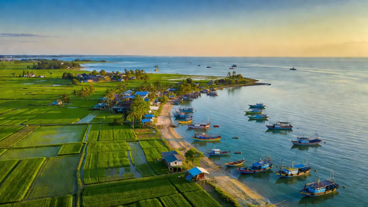 Khung cảnh xã Hoàng Châu, huyện Cát Hải, thành phố Hải Phòng với bãi biển và thuyền đánh cá.