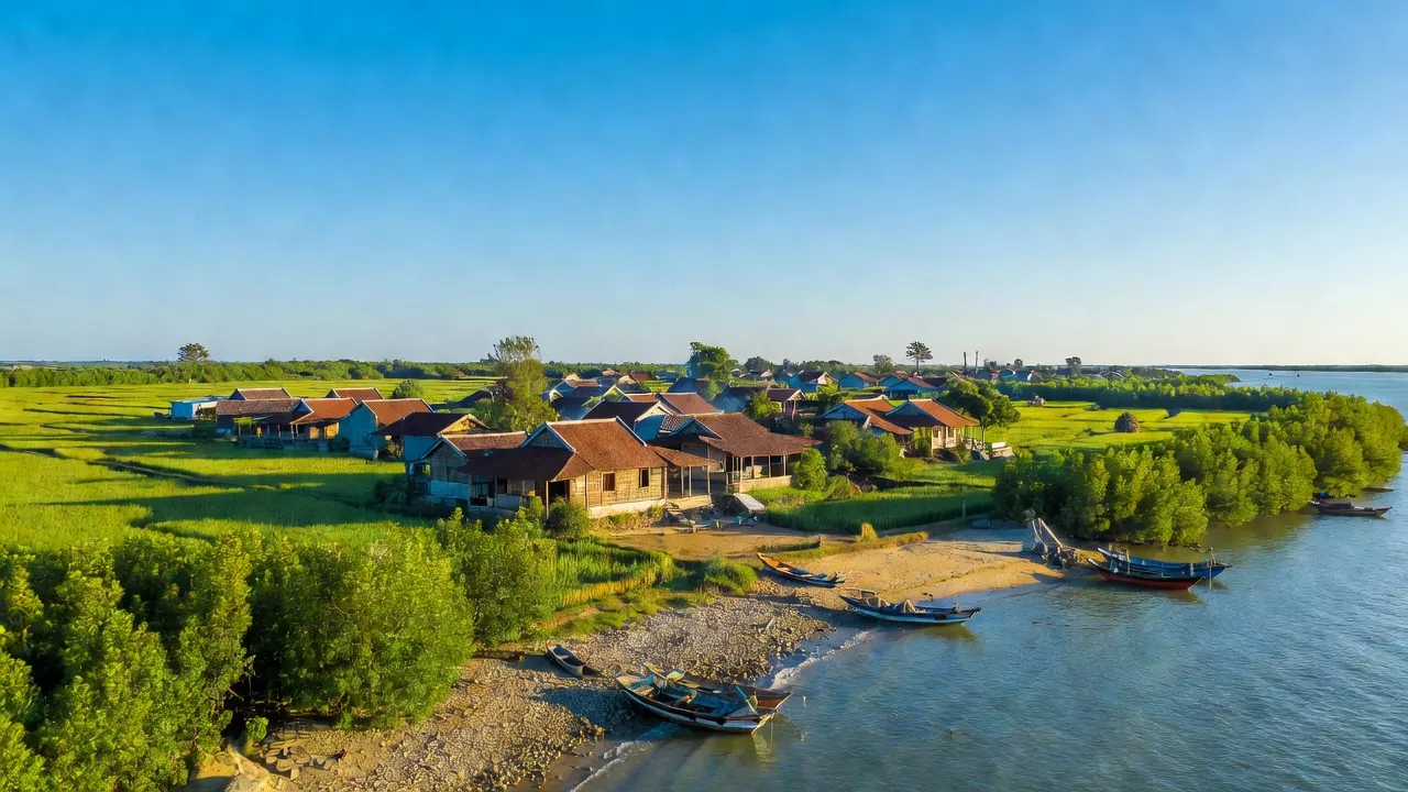 Cảnh đẹp xã Trân Châu, huyện Cát Hải, Hải Phòng với thiên nhiên tươi đẹp và nhà truyền thống.