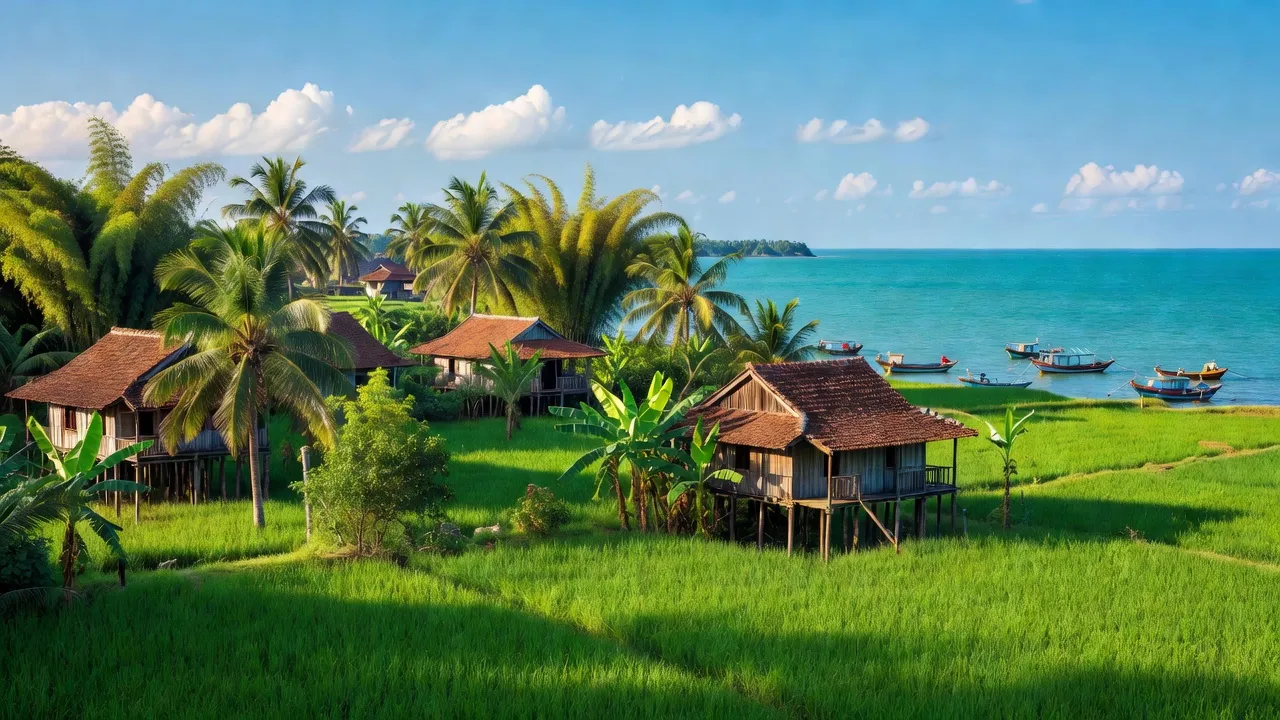 Khung cảnh thanh bình của xã Việt Hải, huyện Cát Hải, thành phố Hải Phòng với cây cối xanh tươi.