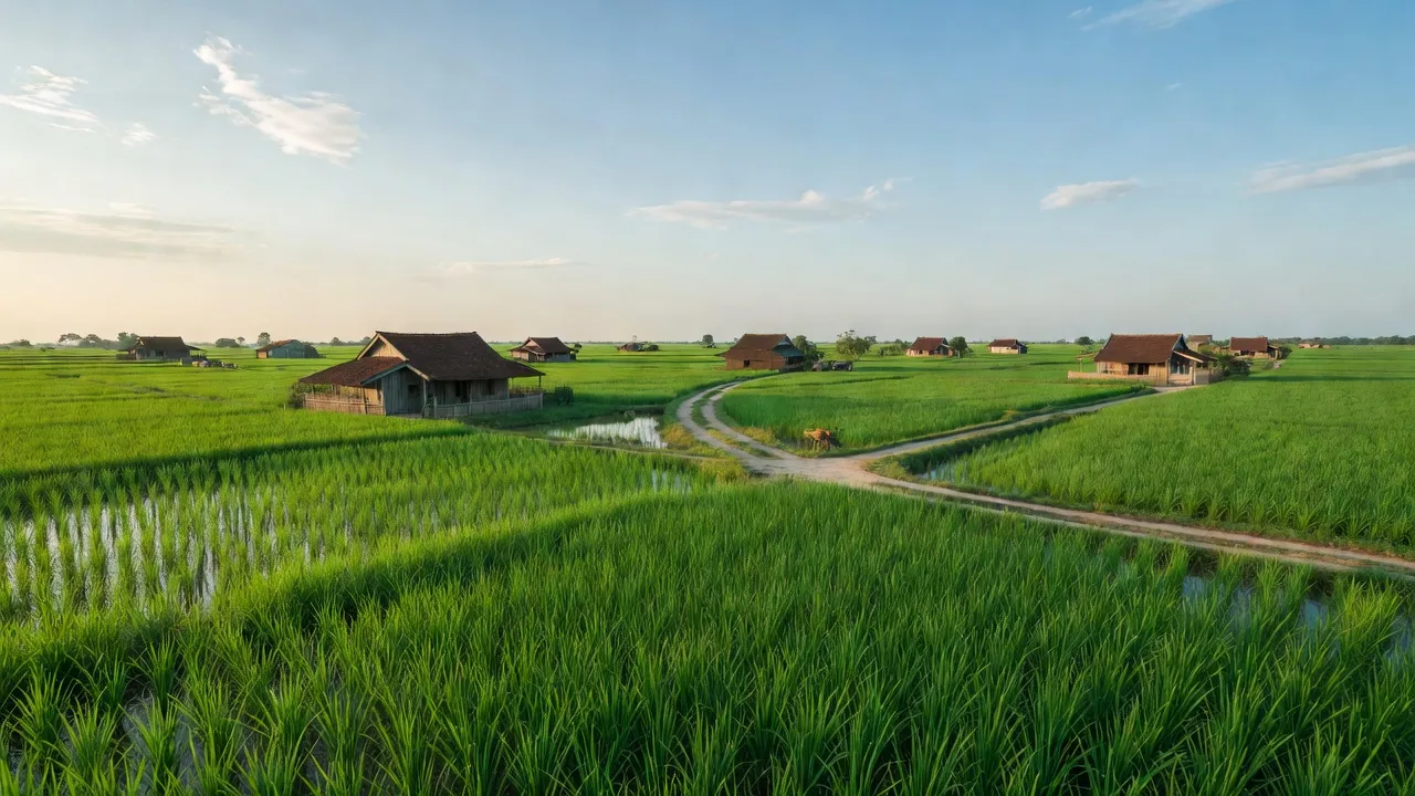 Cảnh đẹp xã Đại Đồng, Kiến Thụy, Hải Phòng với ruộng lúa xanh tươi và nhà truyền thống.