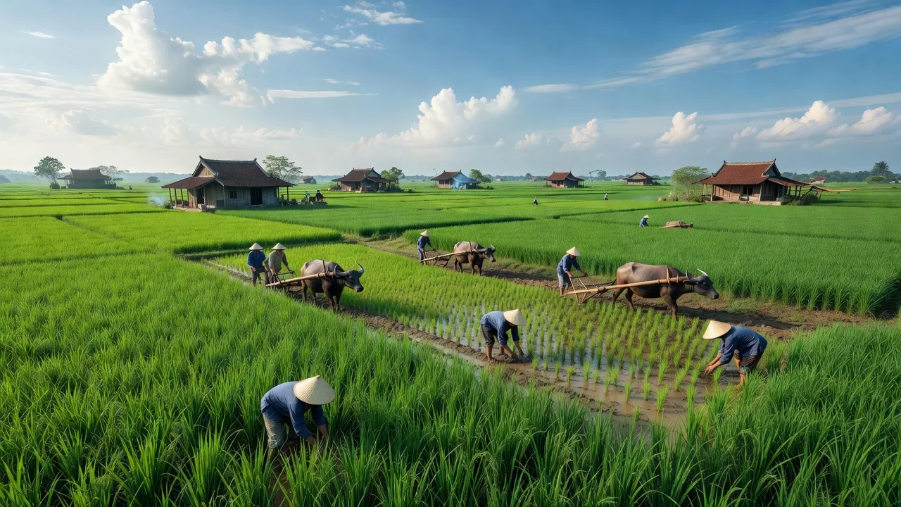 Khung cảnh đồng bằng xã Đại Đồng, huyện Kiến Thụy, Hải Phòng với cánh đồng xanh và nông dân làm việc.