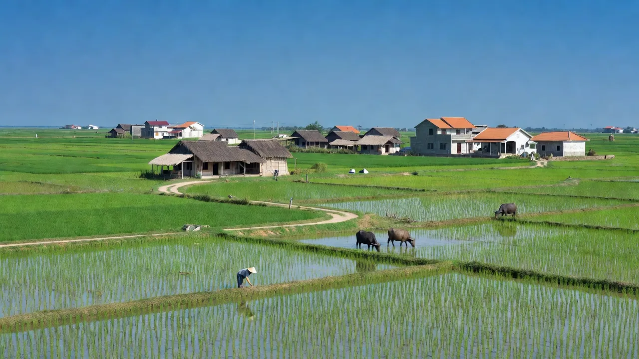 Cảnh đẹp xã Đại Hợp, huyện Kiến Thụy, Hải Phòng với đồng lúa và nhà truyền thống.