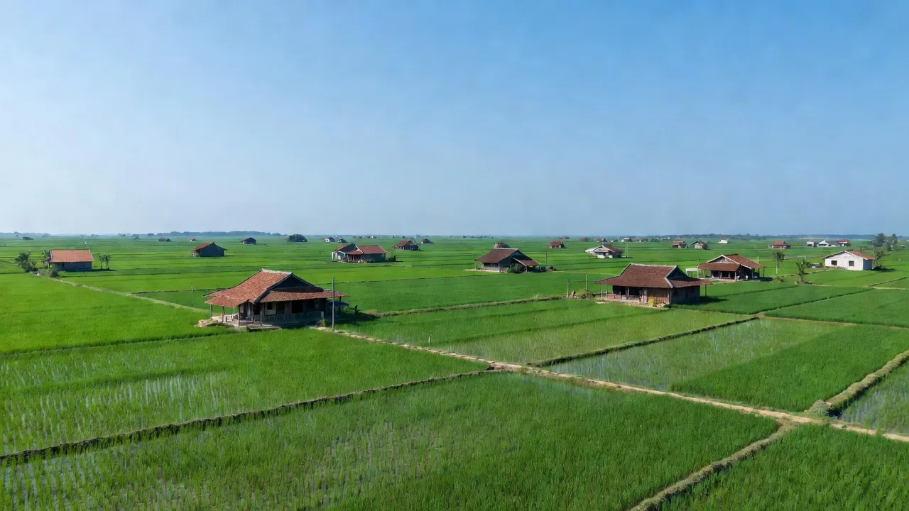 Cảnh đẹp xã Kiến Quốc, huyện Kiến Thụy, Hải Phòng với đồng xanh, nhà Việt Nam truyền thống.