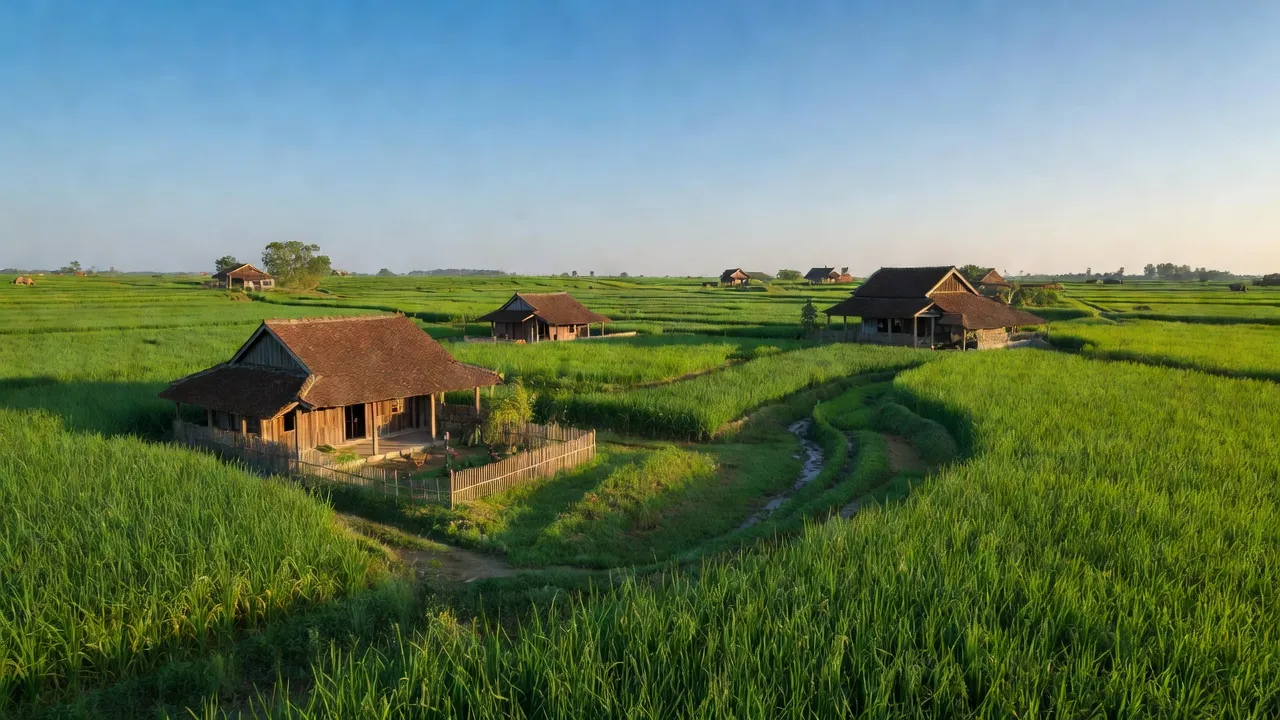 Cảnh đẹp xã Minh Tân, huyện Kiến Thụy, Hải Phòng với cánh đồng lúa xanh và nhà truyền thống.