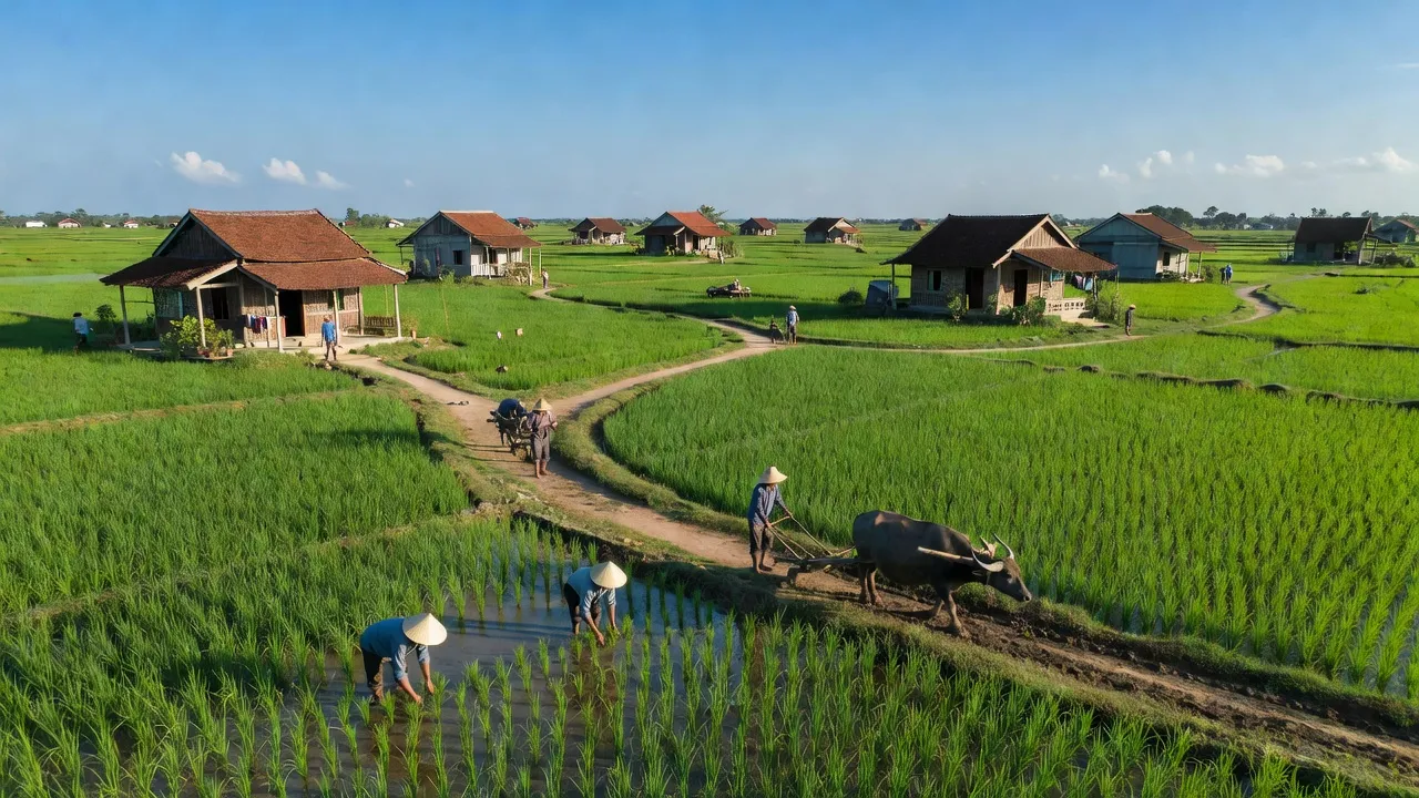 Quang cảnh đồng quê xã Minh Tân, huyện Kiến Thụy, Hải Phòng với ruộng lúa xanh tươi.