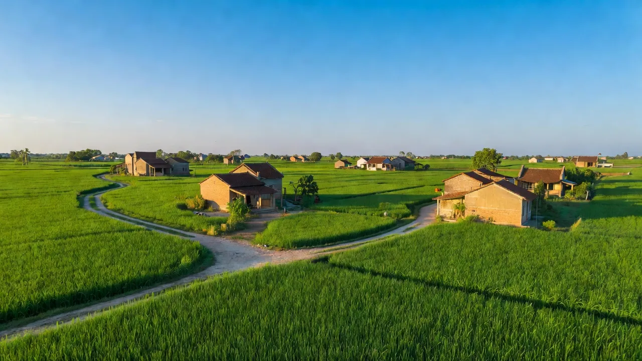 Cảnh đẹp xã Ngũ Phúc, huyện Kiến Thuỵ, Hải Phòng với cánh đồng xanh tươi và nhà cửa nông thôn.