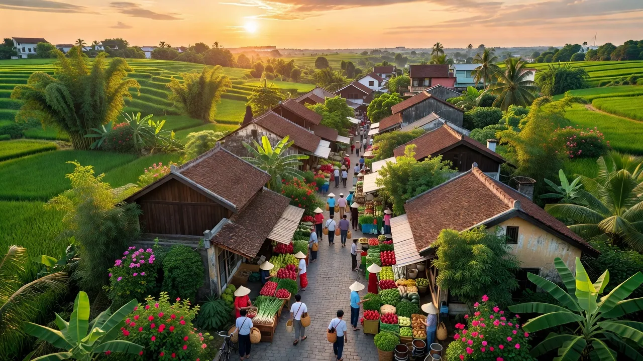 Thị trấn Núi Đối ở huyện Kiến Thụy, Hải Phòng, với cảnh đẹp xanh tươi và nhà truyền thống.