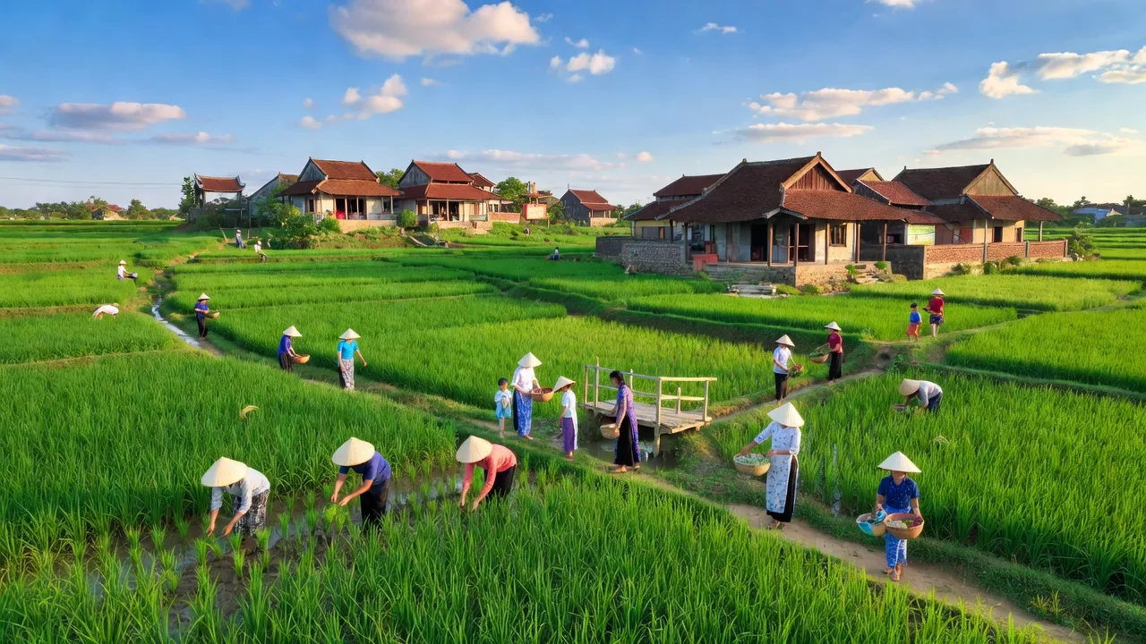 Cảnh quan xã Tân Phong, huyện Kiến Thuỵ, Hải Phòng với cánh đồng xanh và nhà truyền thống.