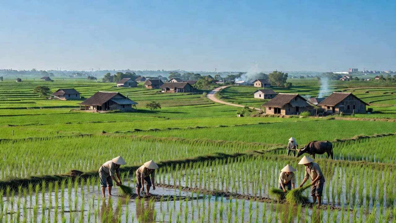 Cảnh quan yên bình ở xã Thanh Sơn, huyện Kiến Thụy, Hải Phòng với ruộng lúa và nhà truyền thống.