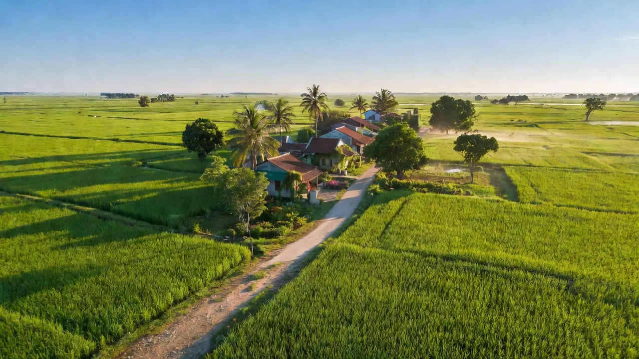 Khung cảnh nông thôn xã Thanh Sơn, huyện Kiến Thụy với ruộng, cây xanh, bầu trời trong xanh.