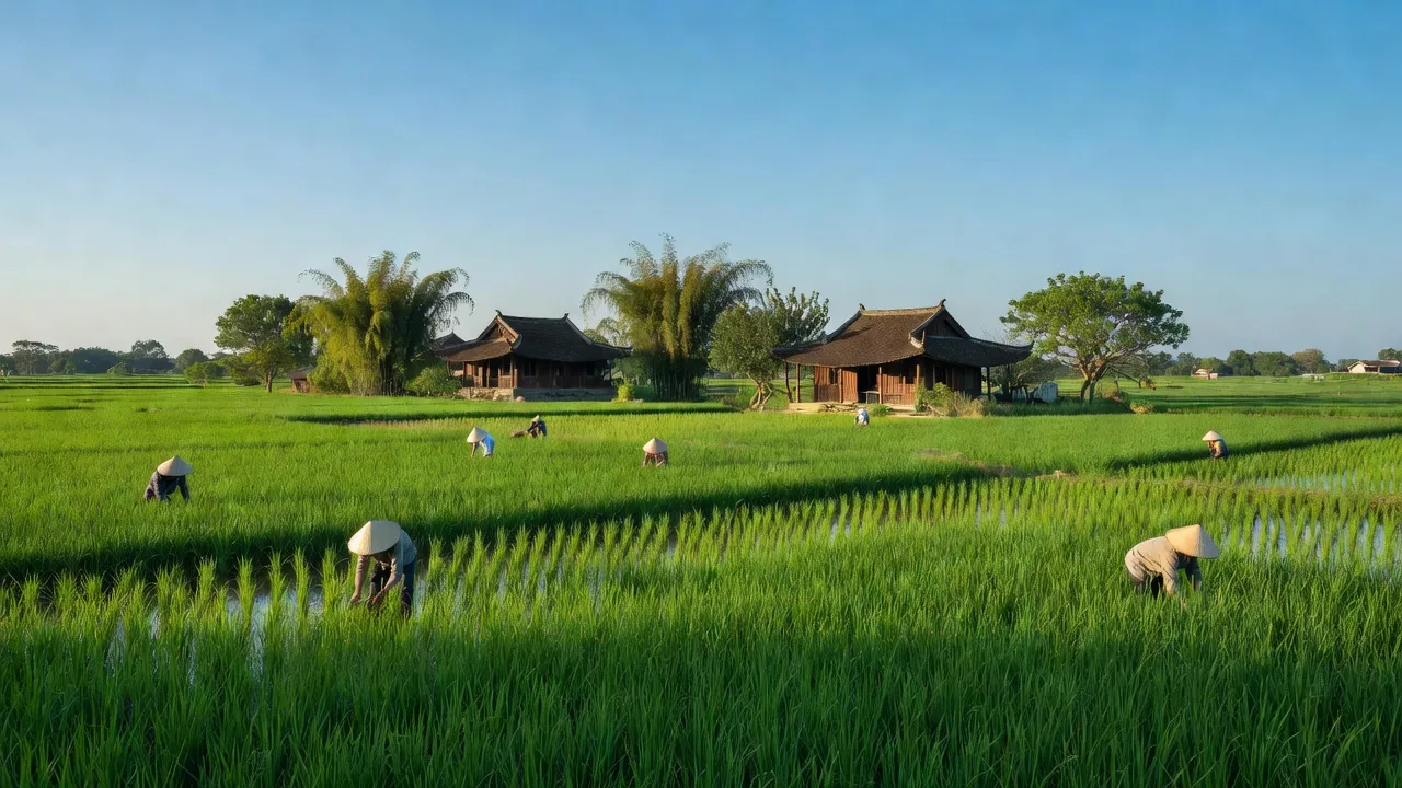 Khung cảnh yên bình xã Thuận Thiên, huyện Kiến Thụy, Hải Phòng với cánh đồng xanh tươi và nhà truyền thống.