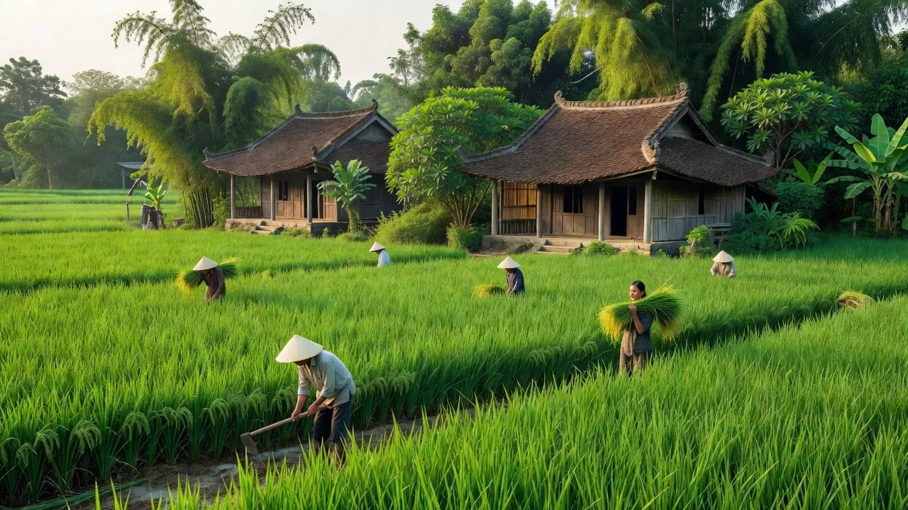 Cảnh đồng xanh và nhà truyền thống tại xã Tú Sơn, huyện Kiến Thụy, Hải Phòng.
