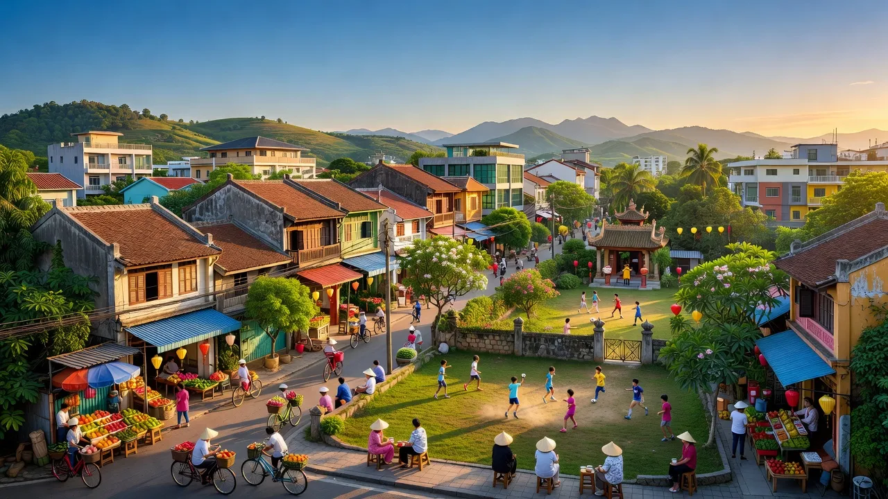 Quận An Dương, Hải Phòng với cảnh quan đô thị và thiên nhiên xanh tươi, gợi nhớ về sự phát triển và văn hóa địa phương.