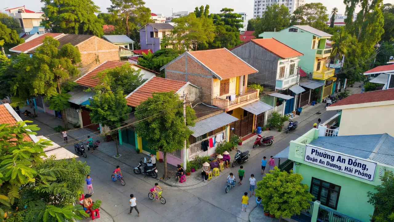 Cảnh sắc phường An Đồng, Quận An Dương, Hải Phòng với nhà văn hóa và cây xanh.