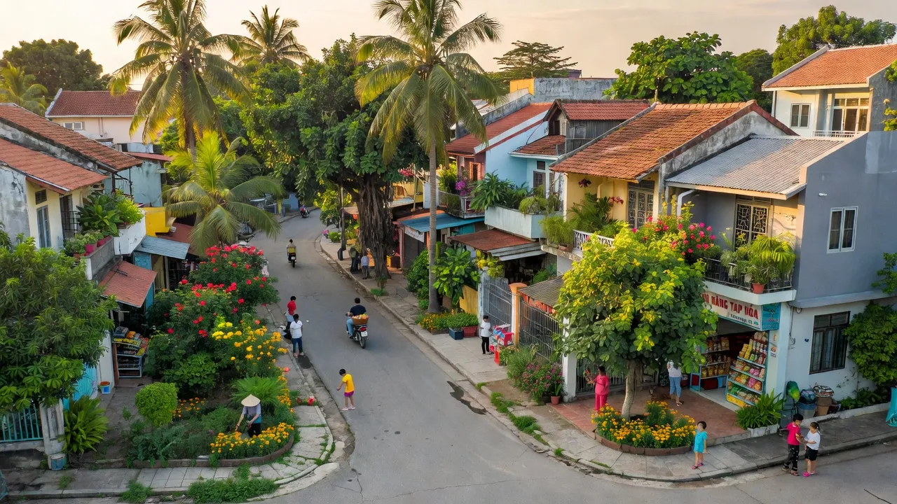 Khung cảnh Phường Hồng Phong, Quận An Dương, thành phố Hải Phòng với các tòa nhà và cây cối.