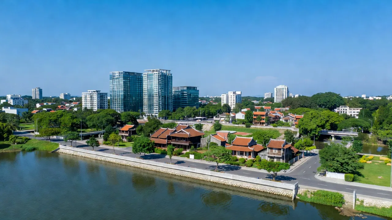 Khung cảnh Phường Hồng Thái, Quận An Dương, Hải Phòng với cảnh sắc ven sông và kiến trúc hiện đại.