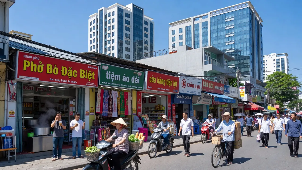 Khu phố nhộn nhịp tại Phường Lê Lợi, Quận An Dương, Hải Phòng với các cửa hàng hiện đại.