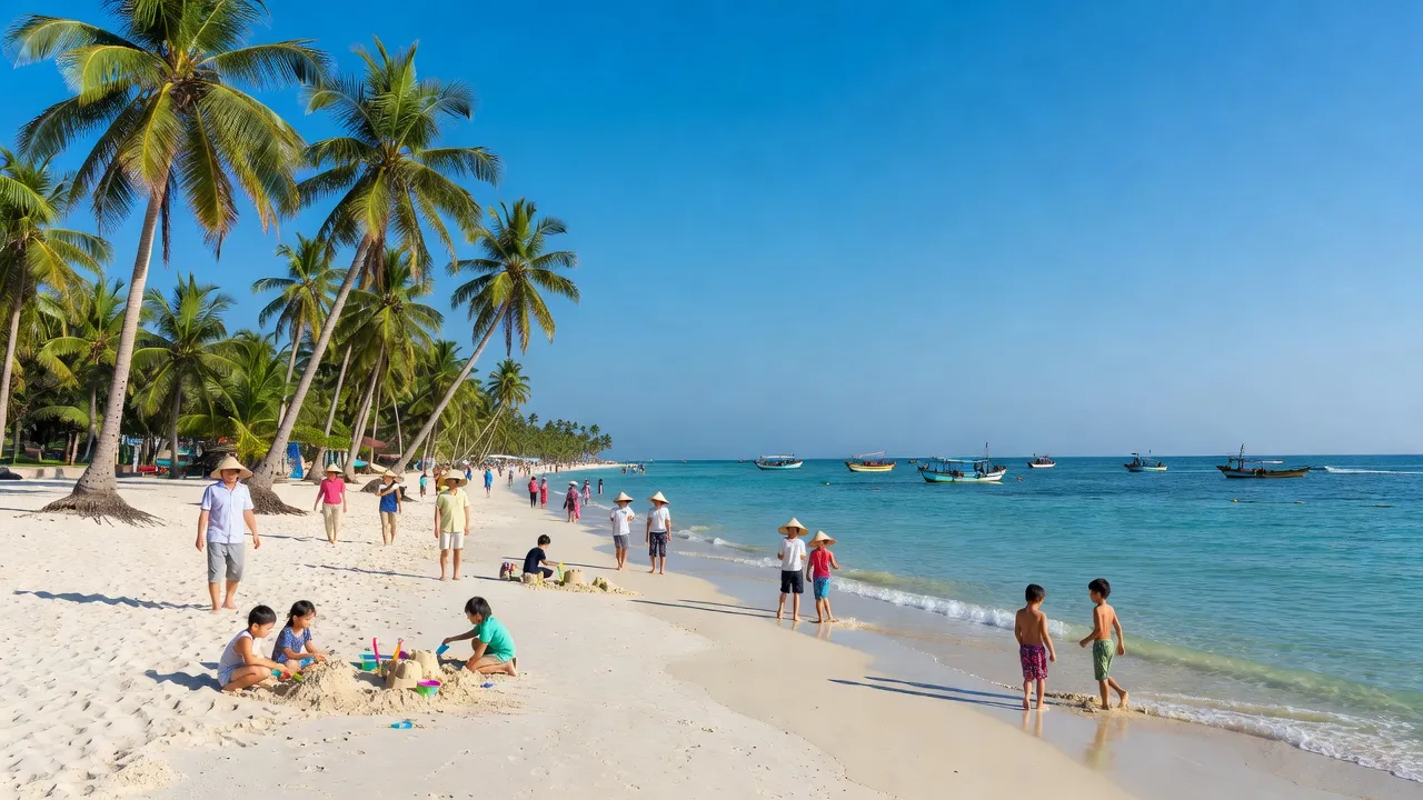 Bãi biển Vạn Hương, Quận Đồ Sơn, Hải Phòng với cảnh biển xanh và người dân vui chơi.