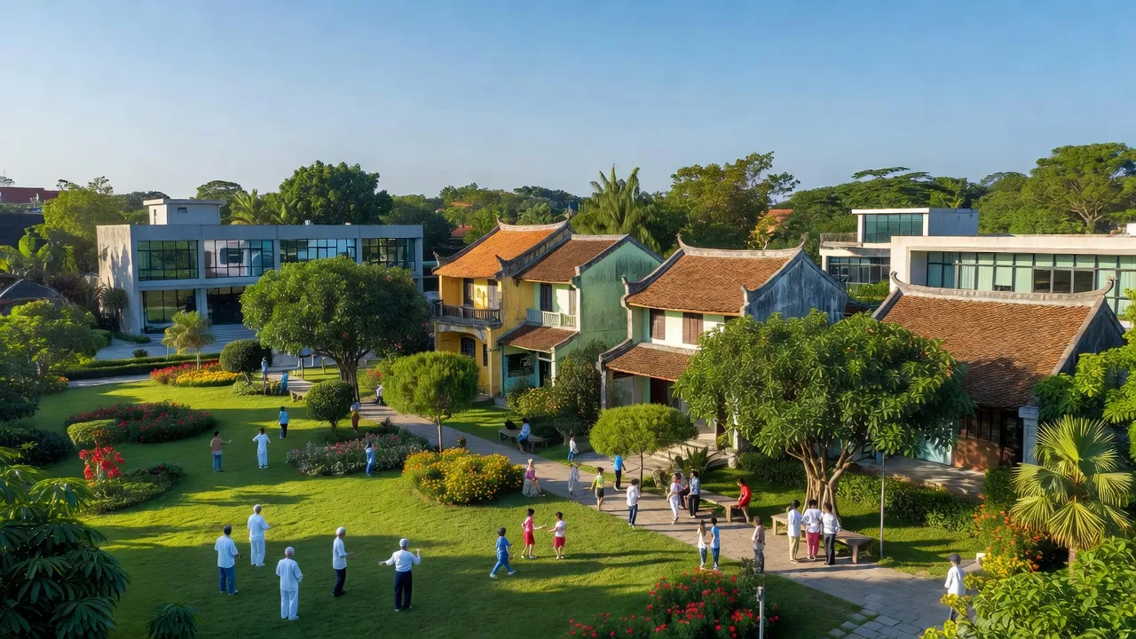 Khung cảnh yên bình ở Phường Hải Thành, Quận Dương Kinh, Hải Phòng, kiến trúc địa phương và không gian xanh.