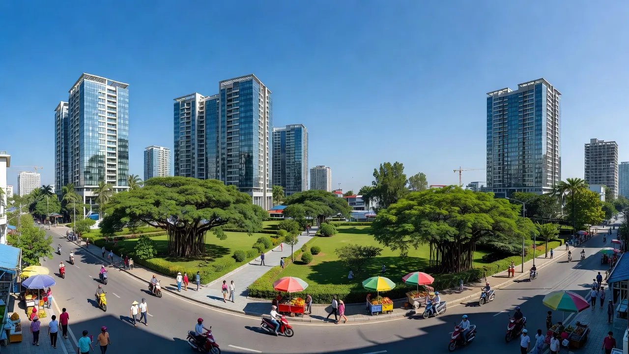 Cảnh quan Phường Hưng Đạo, Quận Dương Kinh, Hải Phòng với đô thị hóa nhanh chóng và cây xanh.