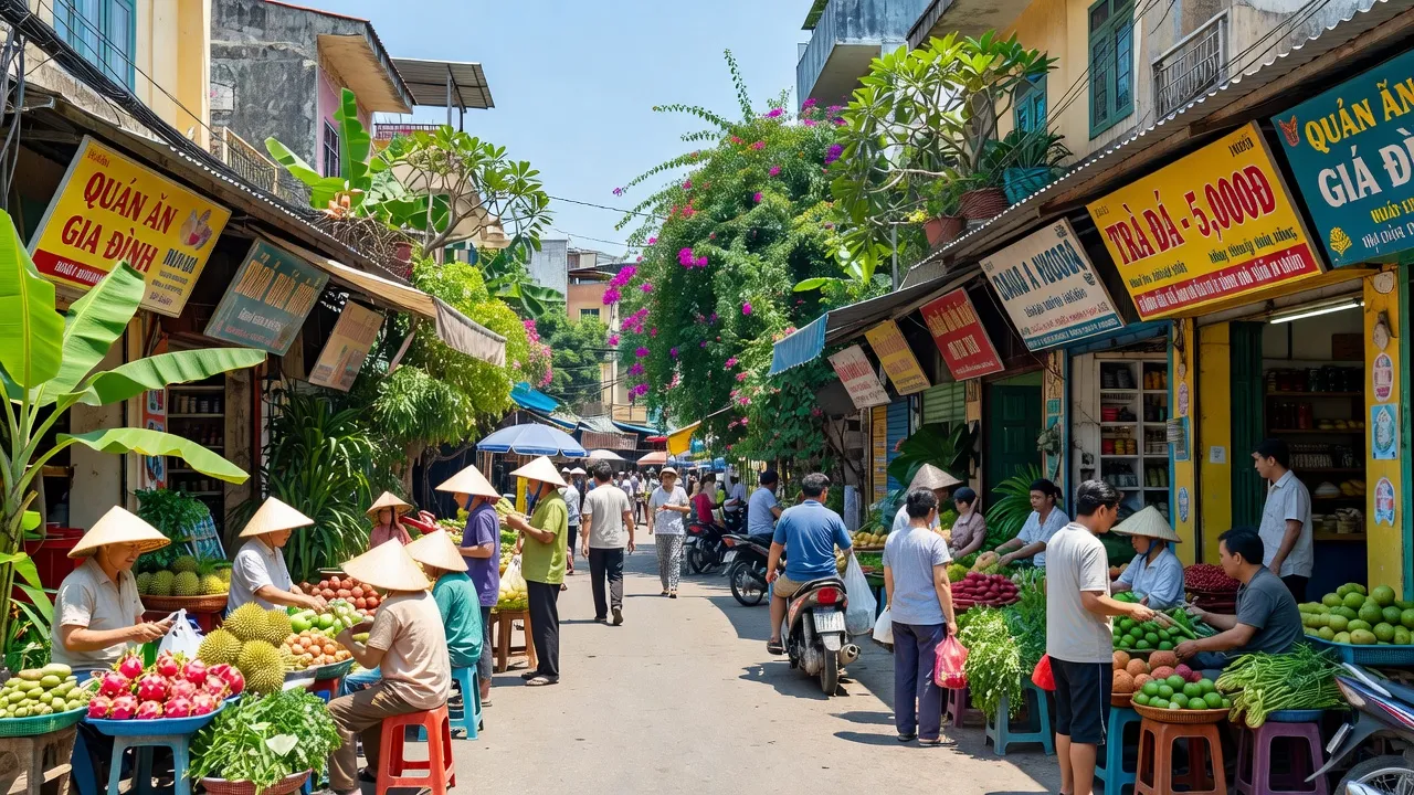Phường Hưng Đạo, Quận Dương Kinh, Hải Phòng with bustling markets and greenery, showcasing local life.