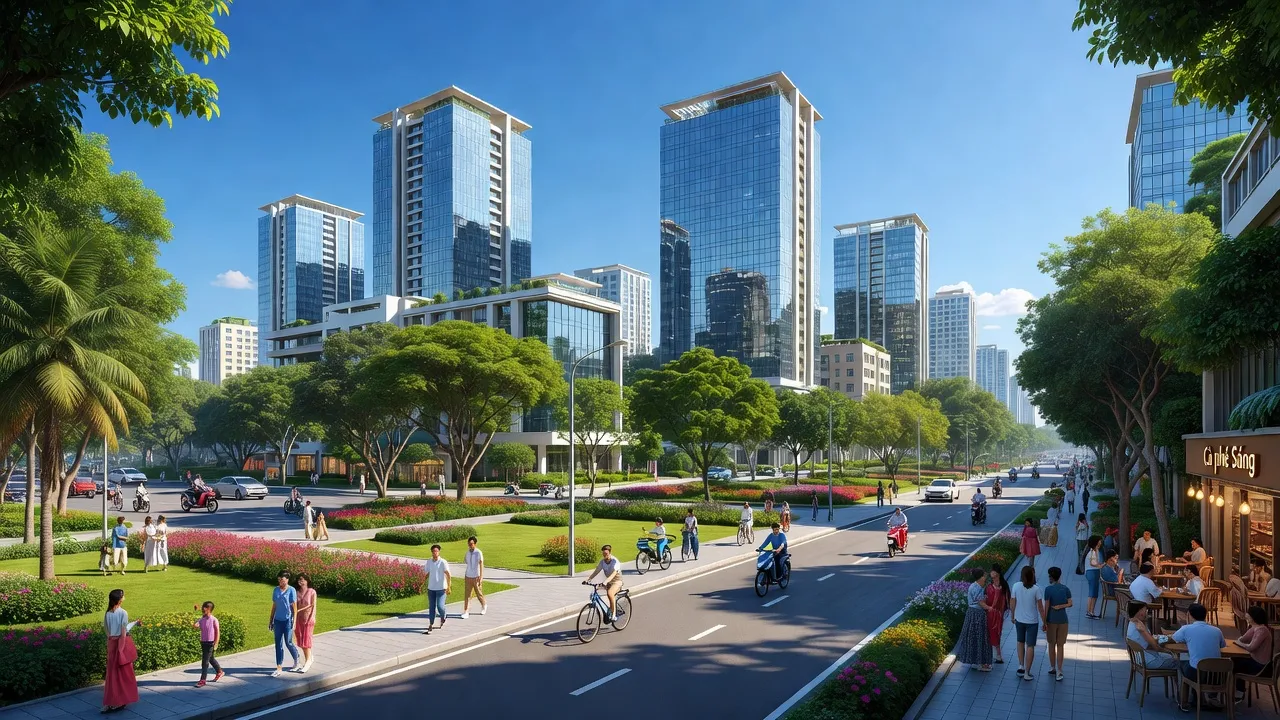 Cảnh quan phường Tân Thành, Quận Dương Kinh, với tòa nhà, cây cối, thiên nhiên xanh mát.