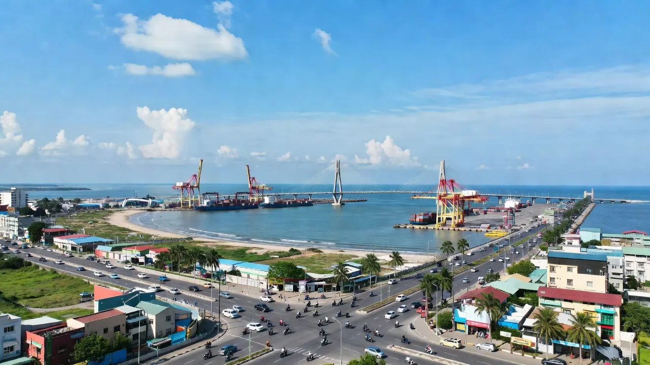 Khung cảnh quận Hải An, Hải Phòng với bờ biển, giao thông nhộn nhịp và không gian xanh.