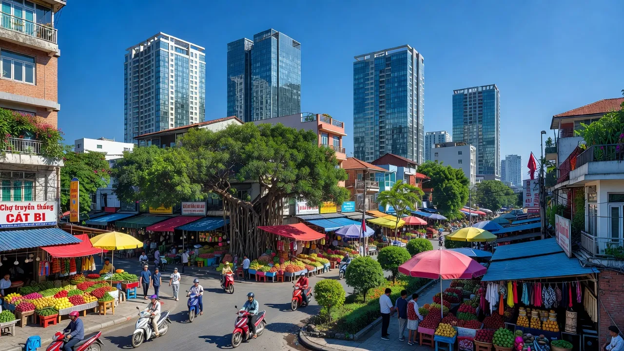 Cảnh quan đô thị Phường Cát Bi, Quận Hải An, với kiến trúc hiện đại và các hoạt động thường nhật.