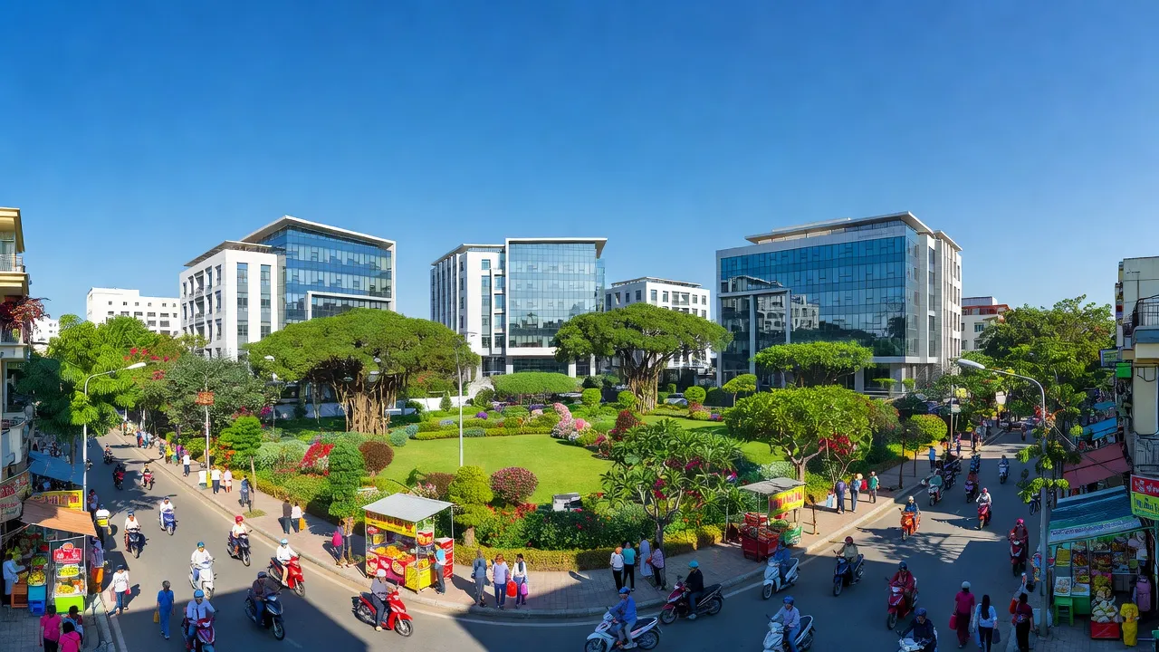 Quang cảnh Phường Đằng Hải, Quận Hải An, thành phố Hải Phòng với cây xanh và hoạt động nhộn nhịp.
