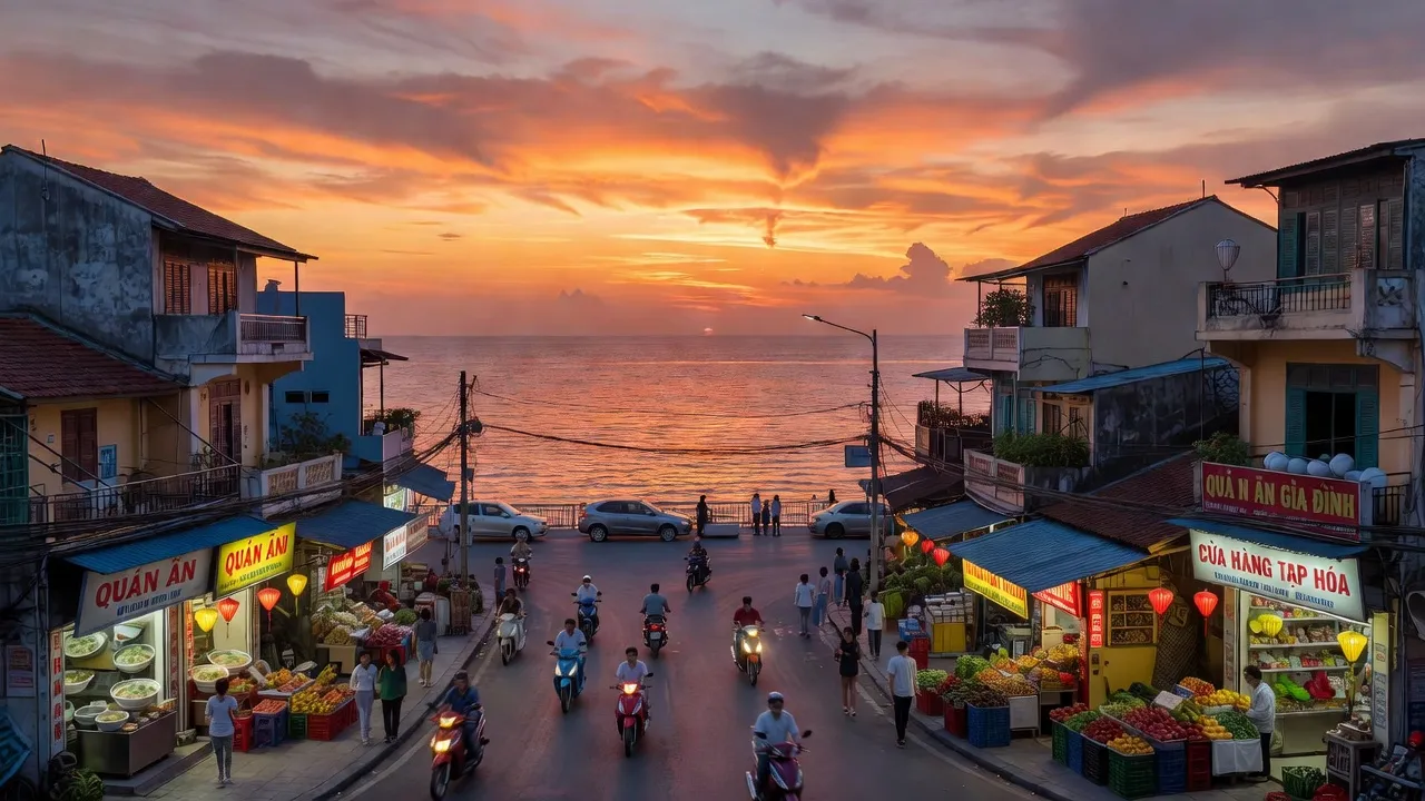 Khung cảnh bình yên Phường Nam Hải, Quận Hải An, Hải Phòng với đường phố nhộn nhịp và biển xanh.