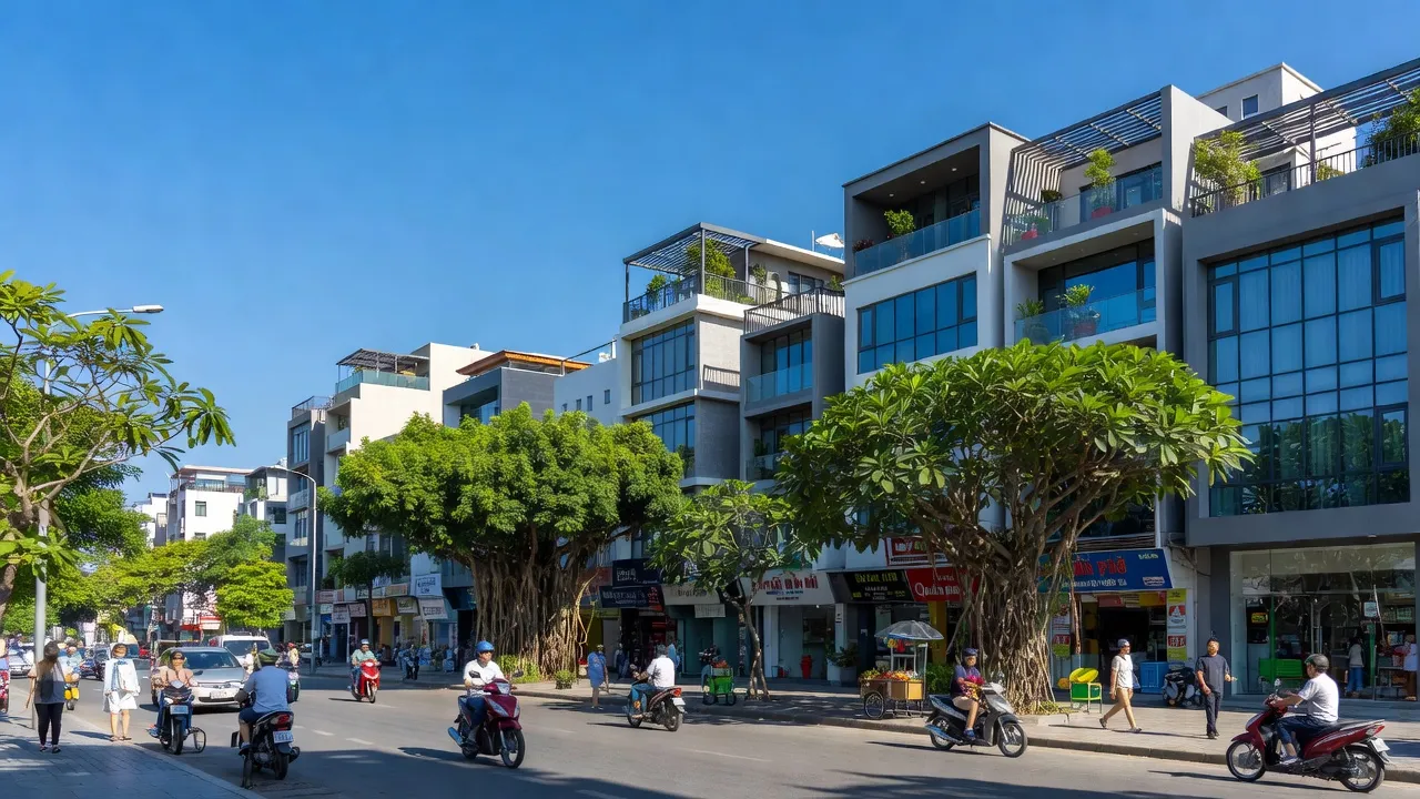 Phố phường Nam Hải, Quận Hải An, Hải Phòng với nhà hiện đại và cây xanh.