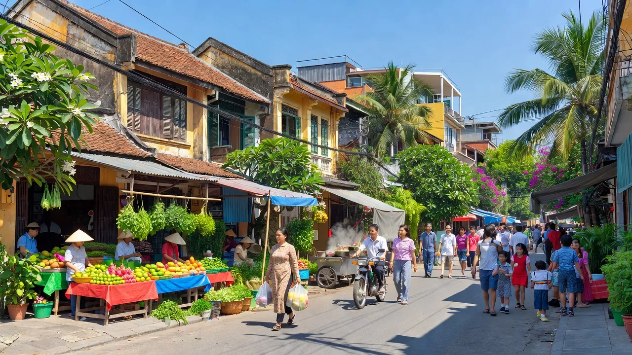 Phường Hùng Vương, Quận Hồng Bàng, Hải Phòng với đường phố nhộn nhịp và nhà truyền thống Việt Nam.