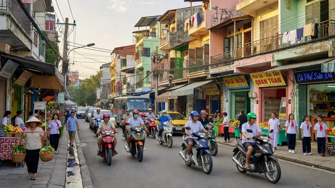 Khung cảnh nhộn nhịp tại Phường Quán Toan, Quận Hồng Bàng, Hải Phòng với giao thông và kiến trúc địa phương.