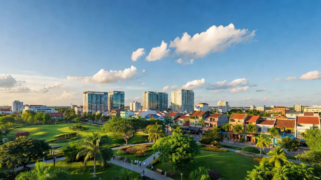 Khung cảnh quận Kiến An, Hải Phòng, với kiến trúc đô thị và công viên xanh, bầu trời trong xanh.