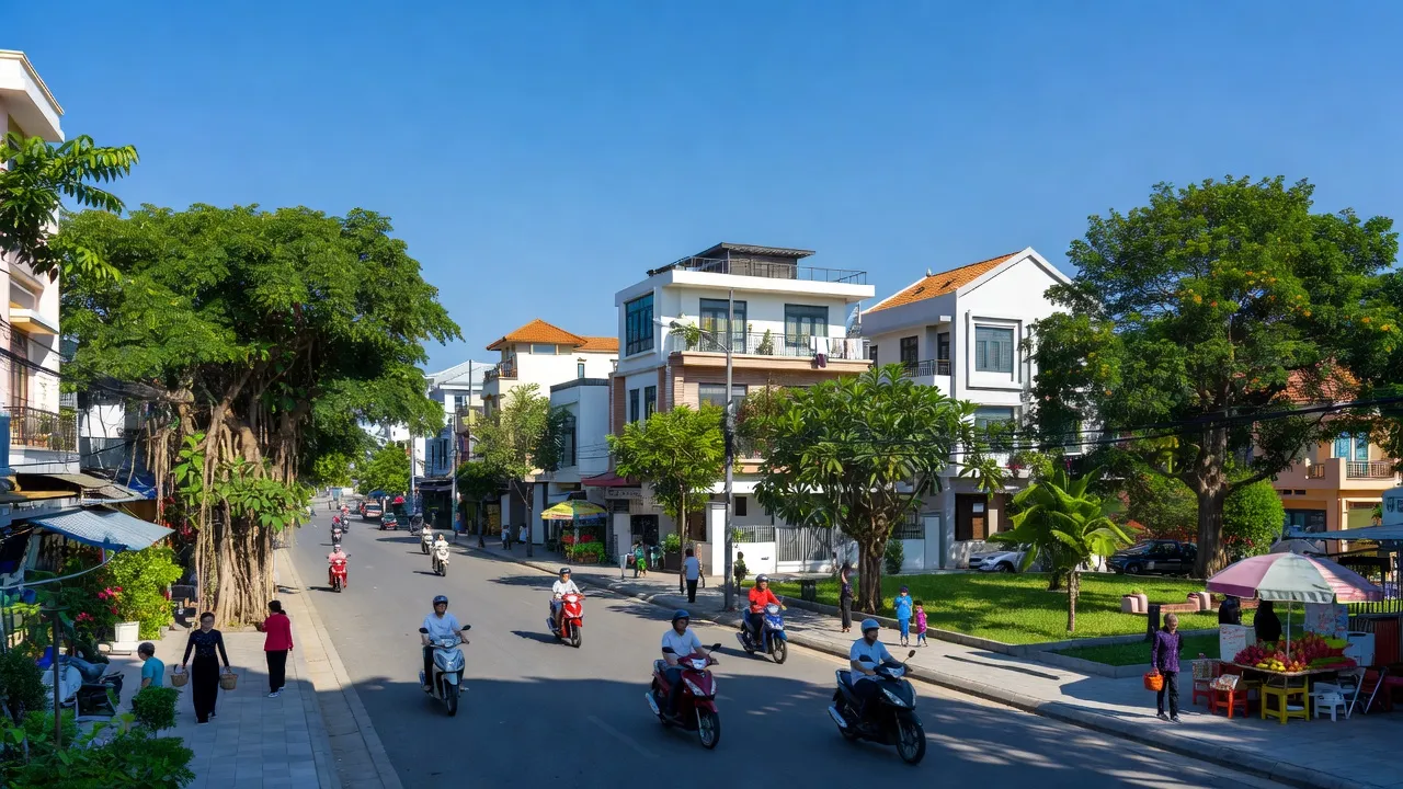 Cảnh quan sống động tại Phường Trần Thành Ngọ, Quận Kiến An, Hải Phòng với nhà cửa và cây xanh.