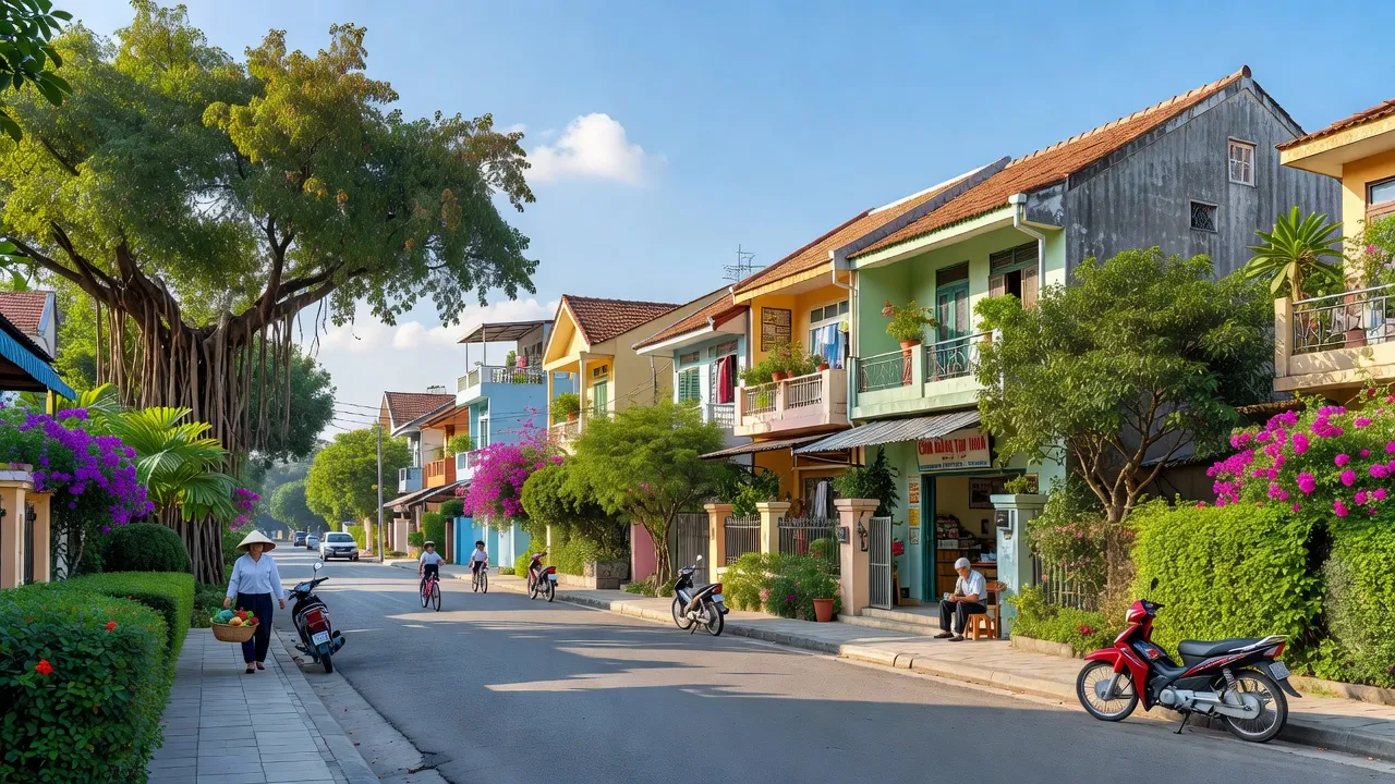 Cảnh quan yên bình tại phường Văn Đẩu, quận Kiến An, Hải Phòng với đường phố và cây xanh.