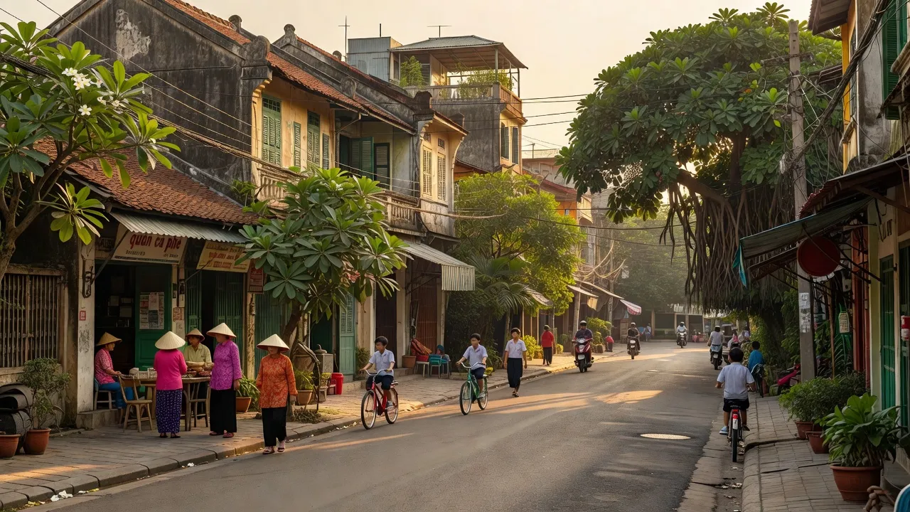 Khung cảnh Phường Văn Đẩu, Quận Kiến An, Hải Phòng với ánh sáng ấm áp và nhà truyền thống.