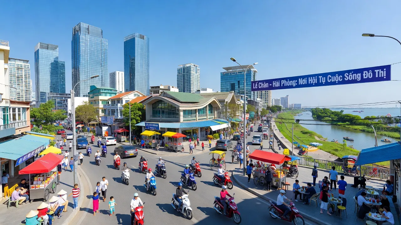 Khung cảnh nhộn nhịp quận Lê Chân, Hải Phòng với đời sống đô thị và cảnh sắc hiện đại.