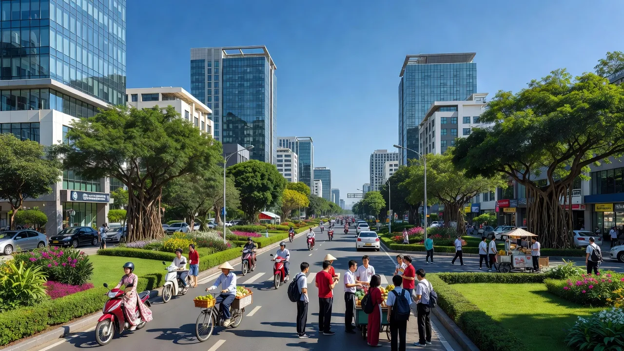 Quận Lê Chân sôi động, Hải Phòng với đường phố nhộn nhịp và kiến trúc hiện đại.