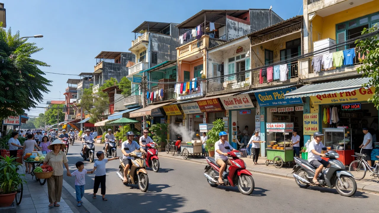 Khung cảnh Phường Dư Hàng Kênh, Hải Phòng với tòa nhà và dân cư sinh hoạt hàng ngày.