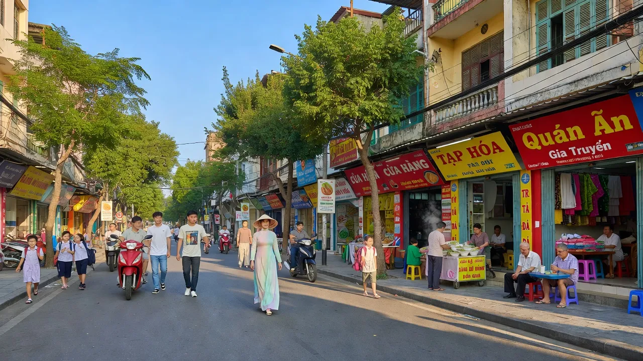 Phường Trần Nguyên Hãn, Quận Lê Chân, Hải Phòng với cảnh đường phố nhộn nhịp và cửa hàng địa phương.