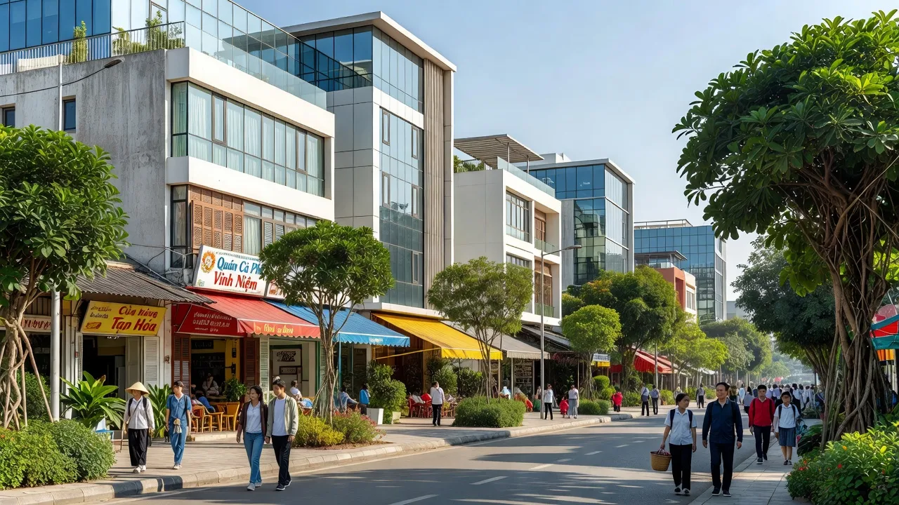 Khung cảnh đường phố Vĩnh Niệm, Lê Chân, Hải Phòng với kiến trúc hiện đại và hoạt động nhộn nhịp.