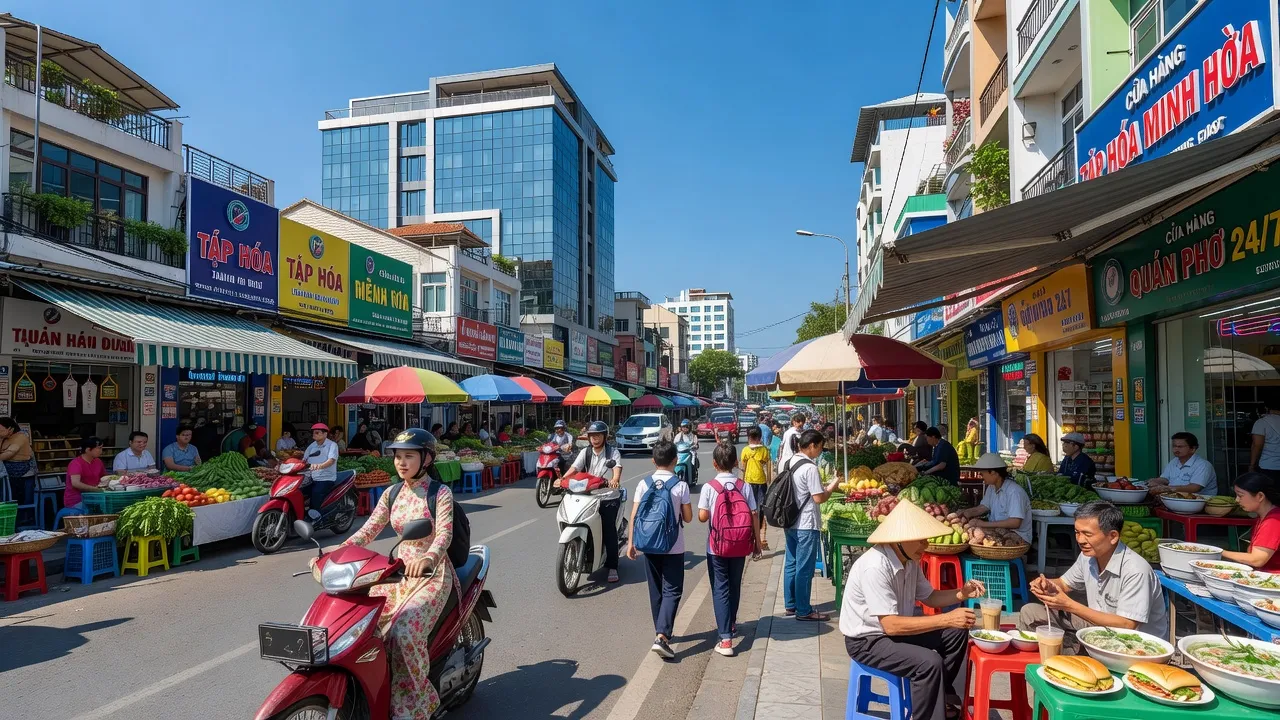 Cảnh quan Đằng Giang, Quận Ngô Quyền, Hải Phòng với các tòa nhà hiện đại và hoạt động sinh hoạt hàng ngày.