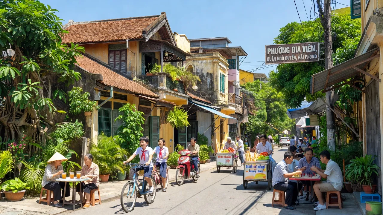 Cảnh quan phố phường Gia Viên, Quận Ngô Quyền, Hải Phòng với sự sôi động và kiến trúc truyền thống.