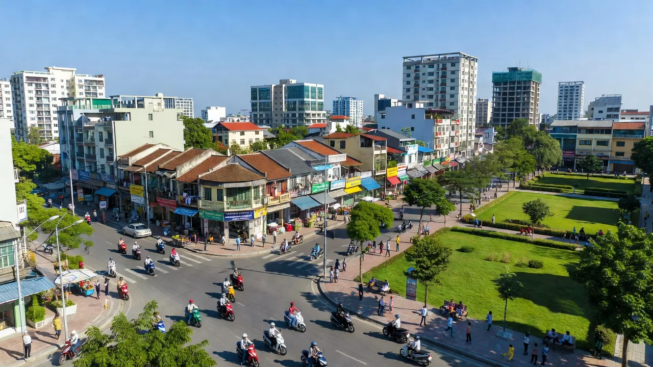 Khung cảnh nhộn nhịp của phường Gia Viên, quận Ngô Quyền, Hải Phòng với đường phố và công viên xanh.